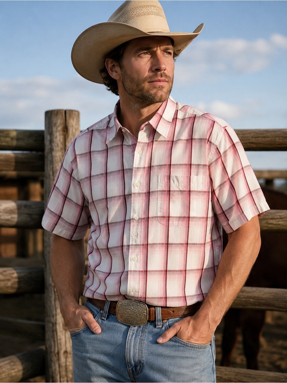 Wrangler Pink and White Plaid Short-Sleeve Button-Down Shirt Western Cowboy